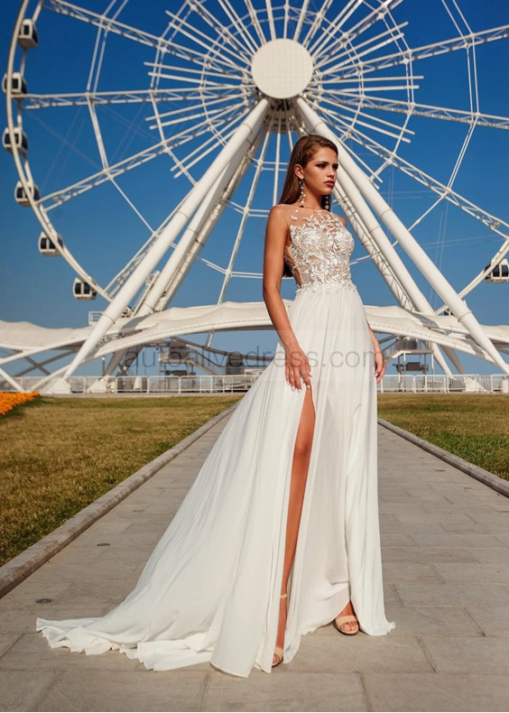 Ivory Lace Chiffon Keyhole Back Slit Exclusive Wedding Dress Ivory Lace Chiffon Keyhole Back Slit Exclusive Wedding Dress